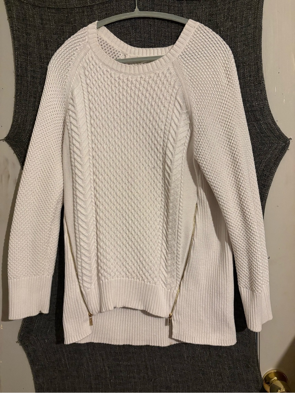 Calvin Klein Cream Cable-Knit Crew Sweater with Gold Zipper Accents